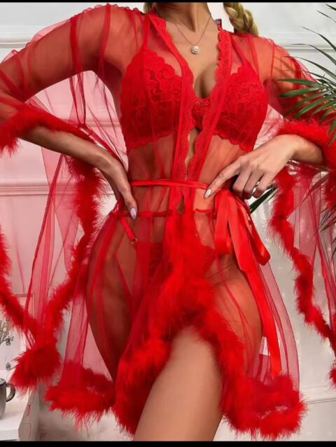 Peignoir Glamour Transparent avec Plumes